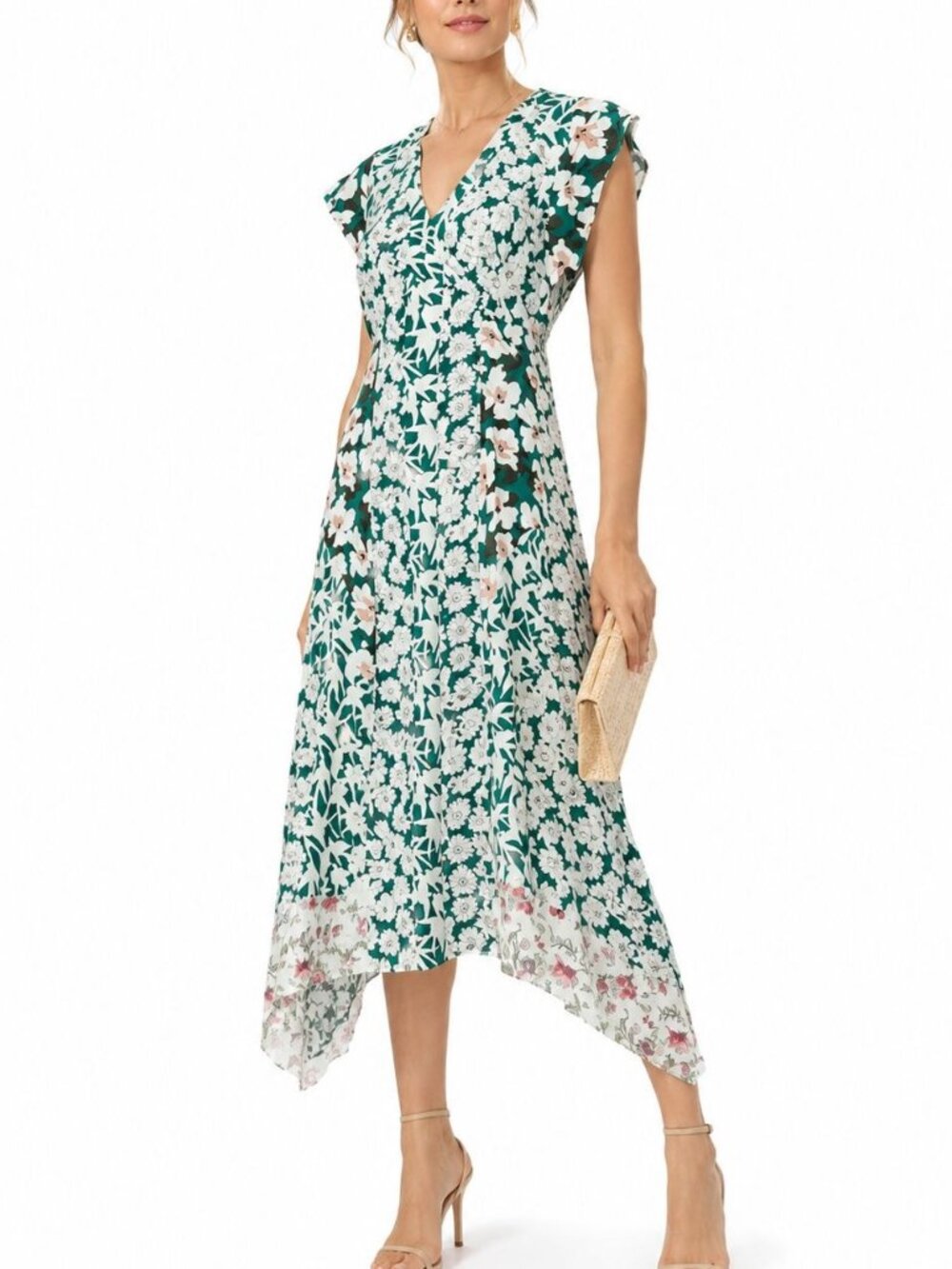 Rebecca Taylor Serene Dress Patchwork Floral Silk Blend Sharkbite V-neck Maxi